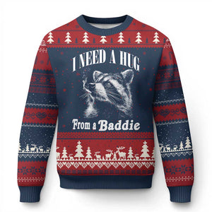 I Need A Hug from A Baddie Ugly Christmas Sweater Funny Raccoon Smoking Sarcastic TS14 Navy Red Print Your Wear