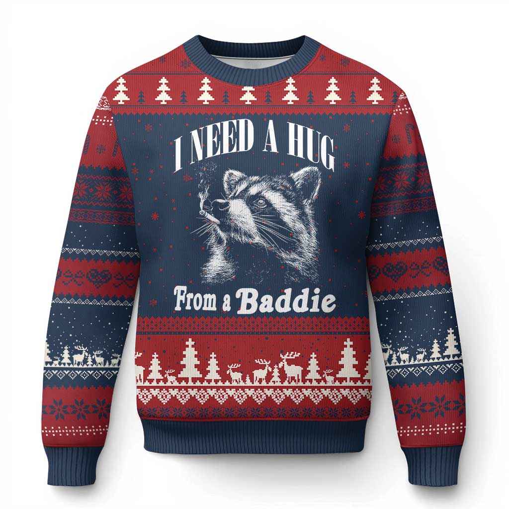 I Need A Hug from A Baddie Ugly Christmas Sweater Funny Raccoon Smoking Sarcastic TS14 Navy Red Print Your Wear