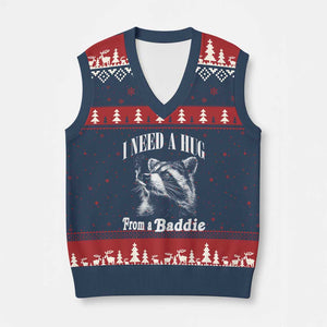 I Need A Hug from A Baddie V-Neck Knit Sweater Vest Funny Raccoon Smoking Sarcastic TS14 Navy Red Print Your Wear
