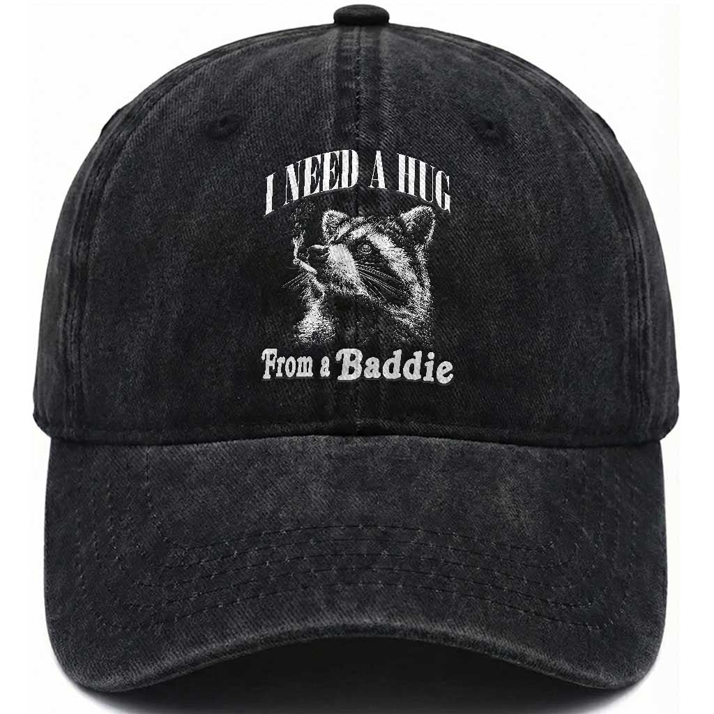 I Need A Hug from A Baddie Washed Cotton Baseball Cap Funny Raccoon Smoking Sarcastic TS14 Print Your Wear