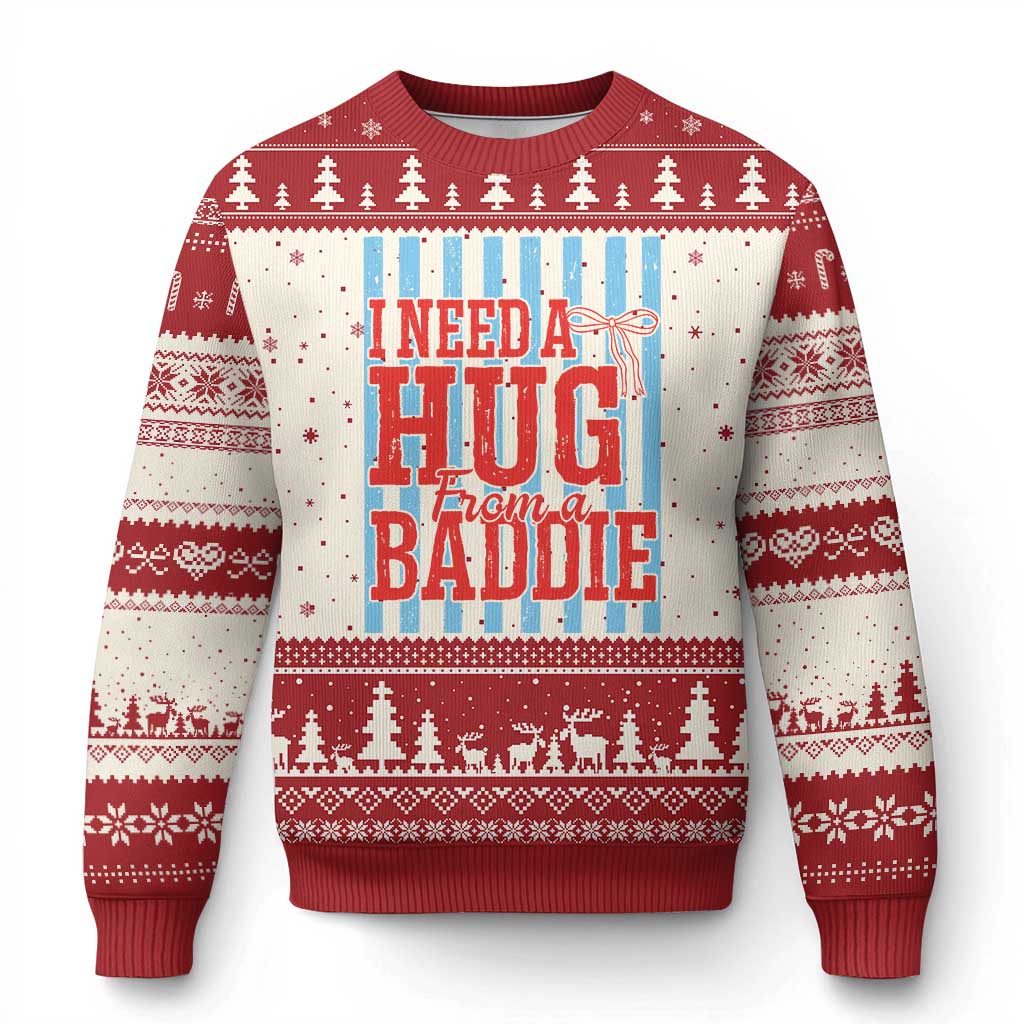 I Need A Hug from A Baddie Ugly Christmas Sweater Retro Game Day Season Funny Saying Quote TS14 Beige Red Print Your Wear