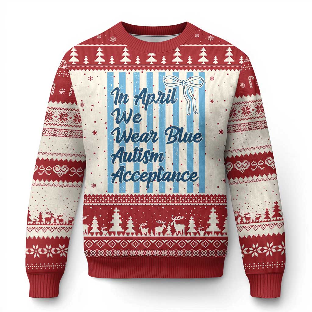 Autism Acceptance Ugly Christmas Sweater In April We Wear Blue Support Neurodivergent TS14 Beige Red Print Your Wear