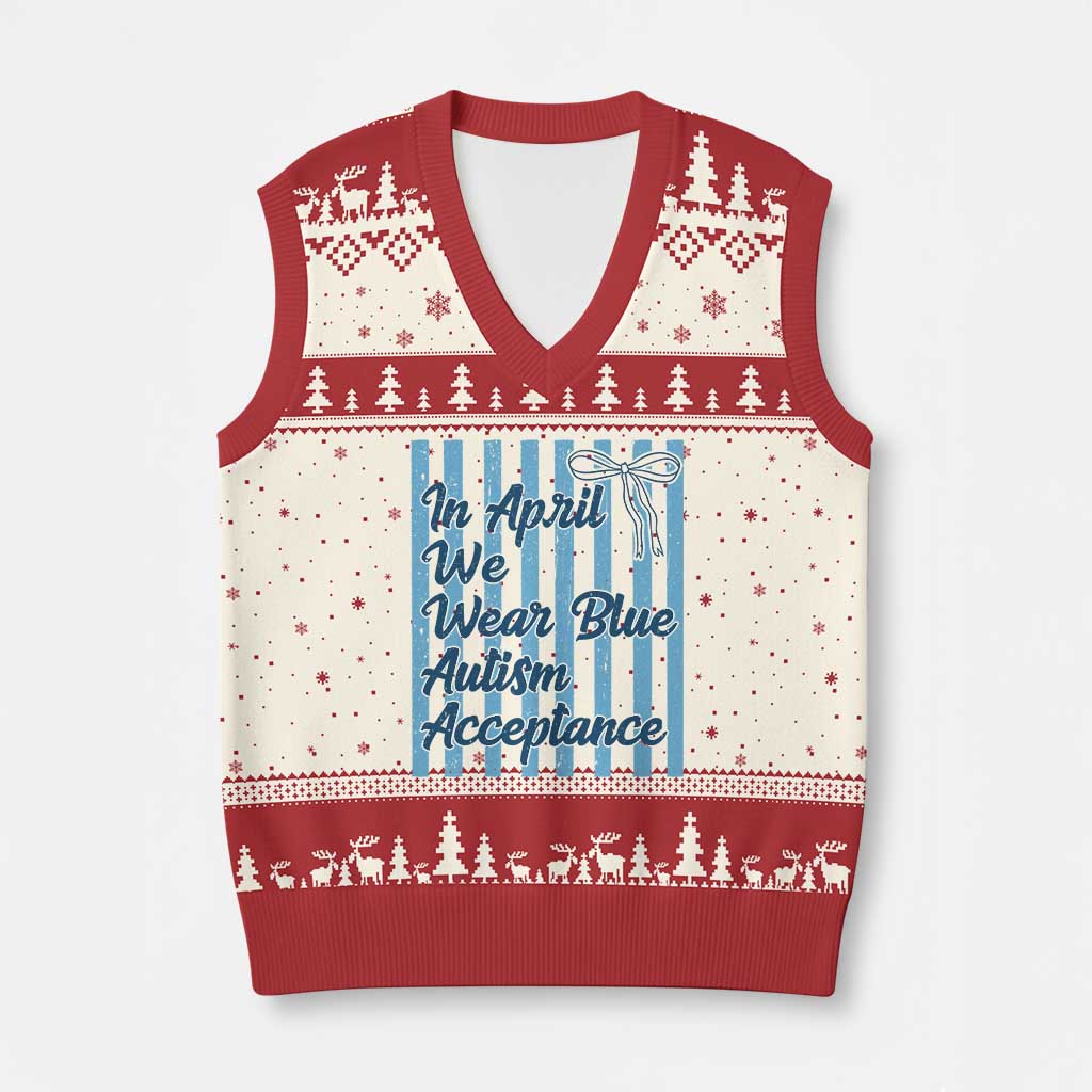 Autism Acceptance V-Neck Knit Sweater Vest In April We Wear Blue Support Neurodivergent TS14 Beige Red Print Your Wear
