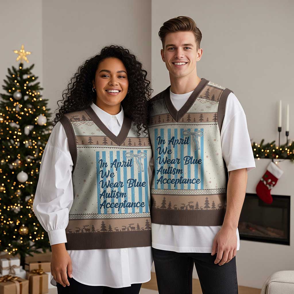 Autism Acceptance V-Neck Knit Sweater Vest In April We Wear Blue Support Neurodivergent TS14 Mocha Mousse Print Your Wear
