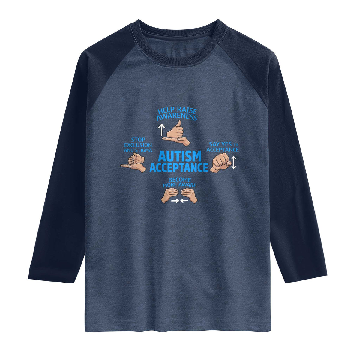 Autism Acceptance Raglan Shirt Hand Neurodiversity SPED Teacher TS14 Heather Denim Navy Print Your Wear