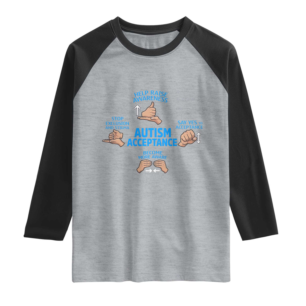 Autism Acceptance Raglan Shirt Hand Neurodiversity SPED Teacher TS14 Heather Gray Black Print Your Wear