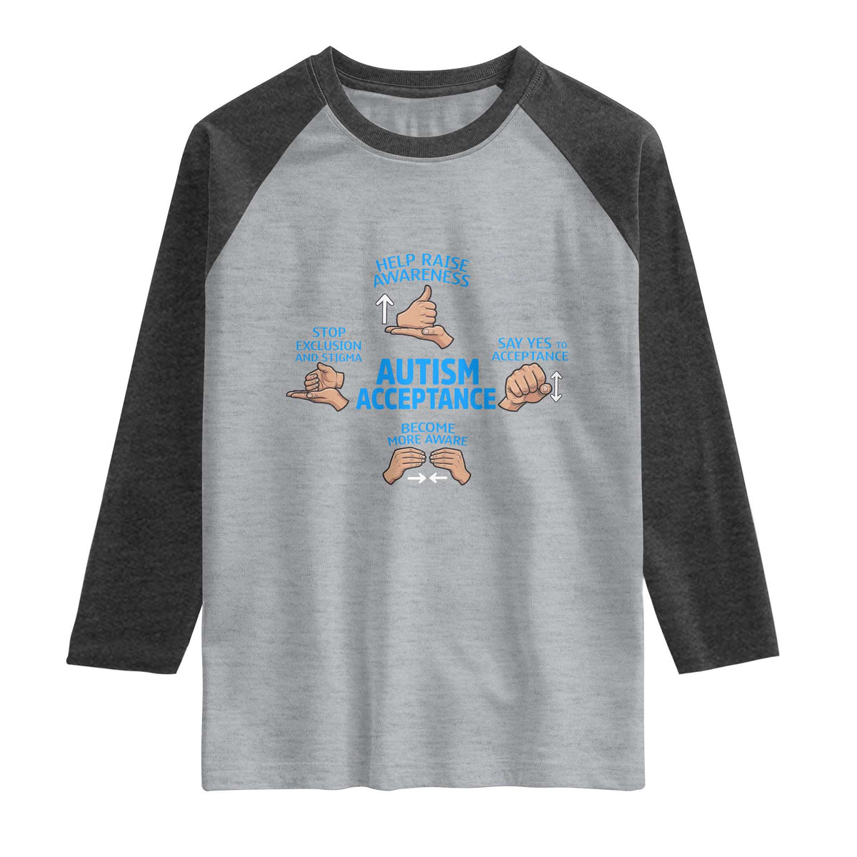 Autism Acceptance Raglan Shirt Hand Neurodiversity SPED Teacher TS14 Heather Gray Heather Charcoal Print Your Wear