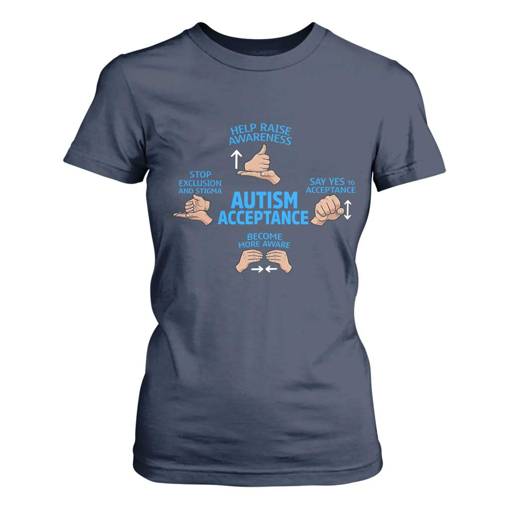 Autism Acceptance T Shirt For Women Hand Neurodiversity SPED Teacher TS14 Navy Print Your Wear