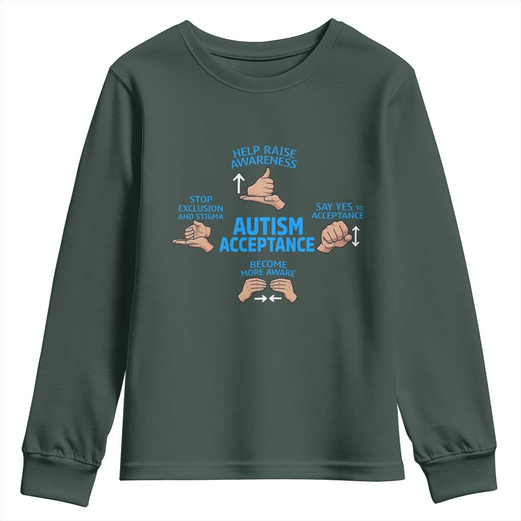 Autism Acceptance Youth Sweatshirt Hand Neurodiversity SPED Teacher TS14 Dark Forest Green Print Your Wear