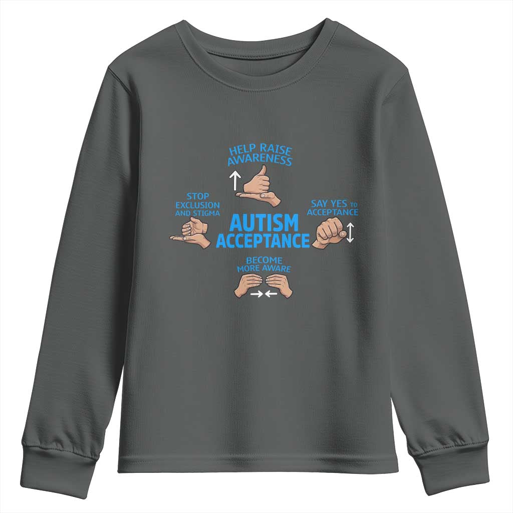 Autism Acceptance Youth Sweatshirt Hand Neurodiversity SPED Teacher TS14 Dark Heather Print Your Wear