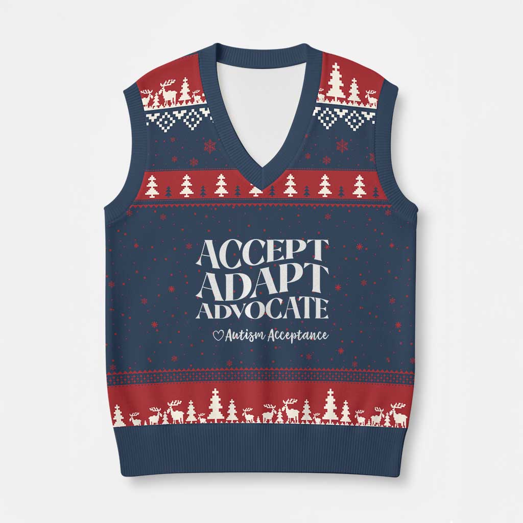 Autism Acceptance V-Neck Knit Sweater Vest Accept Adapt Advocate TS14 Navy Red Print Your Wear