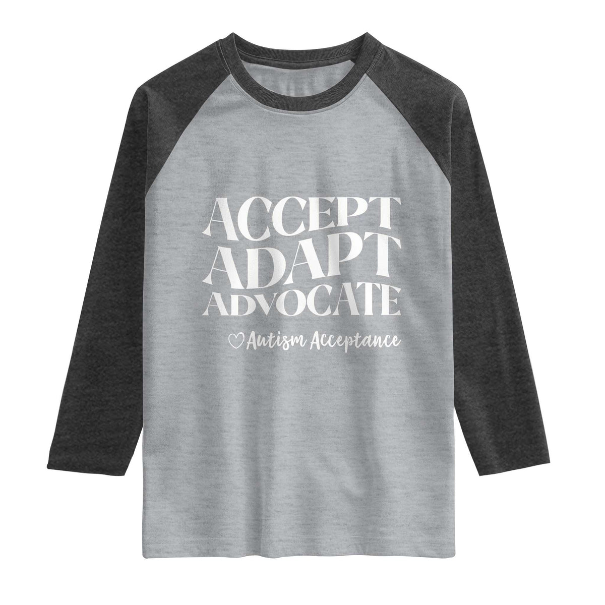 Autism Acceptance Raglan Shirt Accept Adapt Advocate TS14 Heather Gray Heather Charcoal Print Your Wear