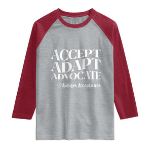 Autism Acceptance Raglan Shirt Accept Adapt Advocate TS14 Heather Gray Heather Red Print Your Wear