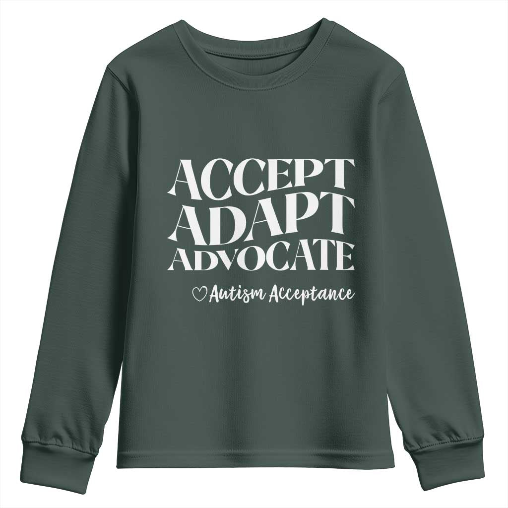 Autism Acceptance Youth Sweatshirt Accept Adapt Advocate TS14 Dark Forest Green Print Your Wear