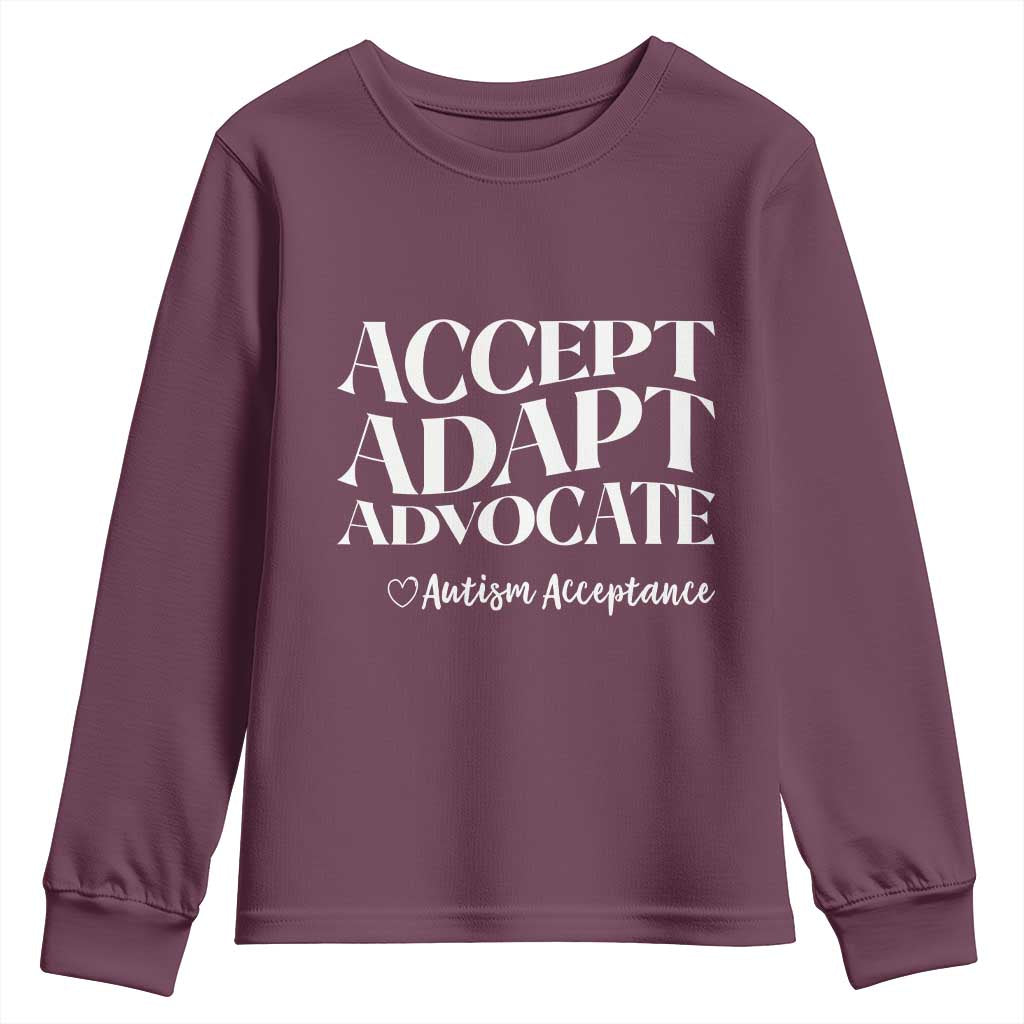 Autism Acceptance Youth Sweatshirt Accept Adapt Advocate TS14 Maroon Print Your Wear