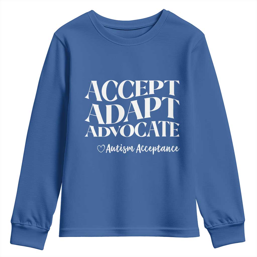 Autism Acceptance Youth Sweatshirt Accept Adapt Advocate TS14 Royal Blue Print Your Wear