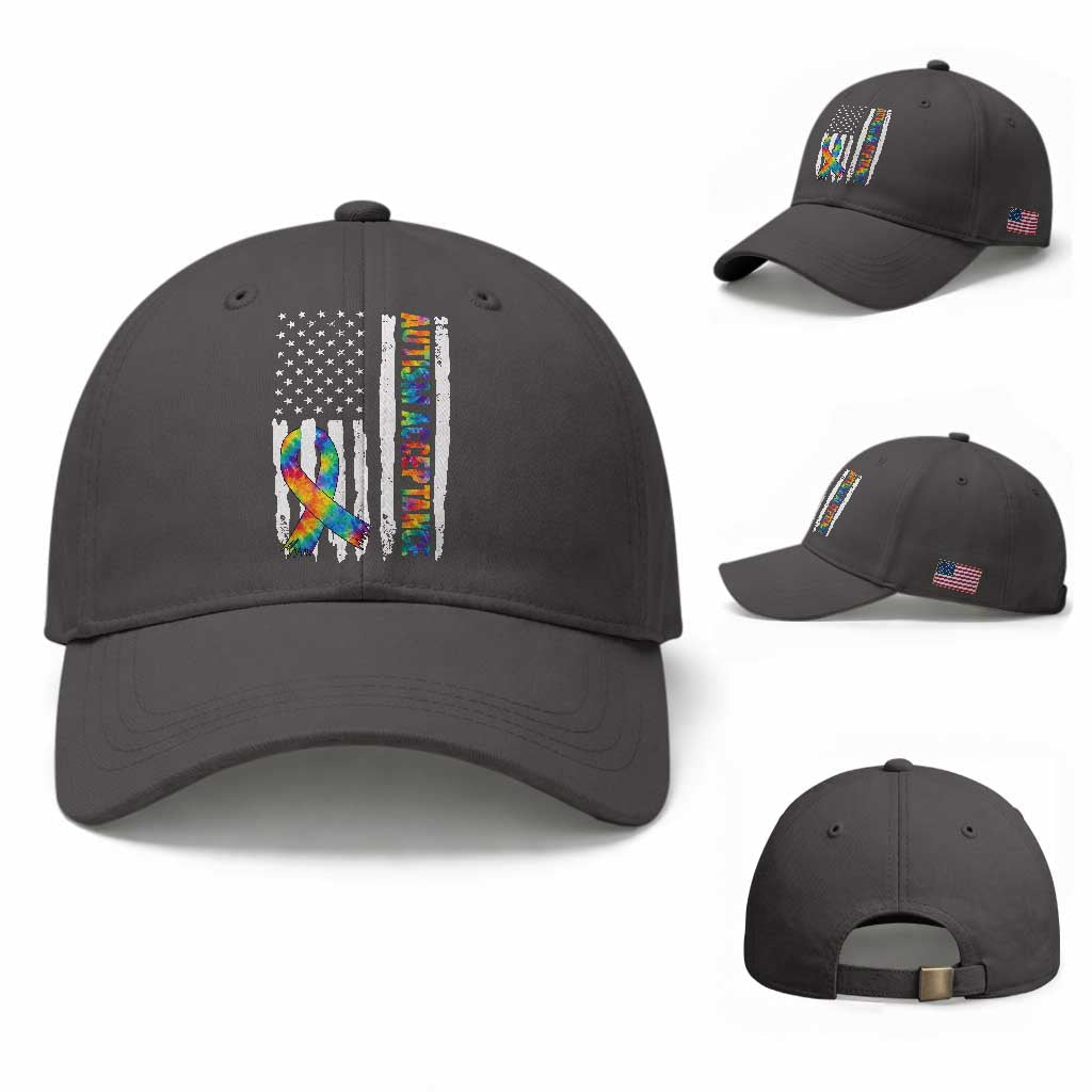 Autism Acceptance Baseball Cap US Flag Ribbon Support Neurodiversity TS14 Baseball Cap Universal Fit Dark Gray Print Your Wear