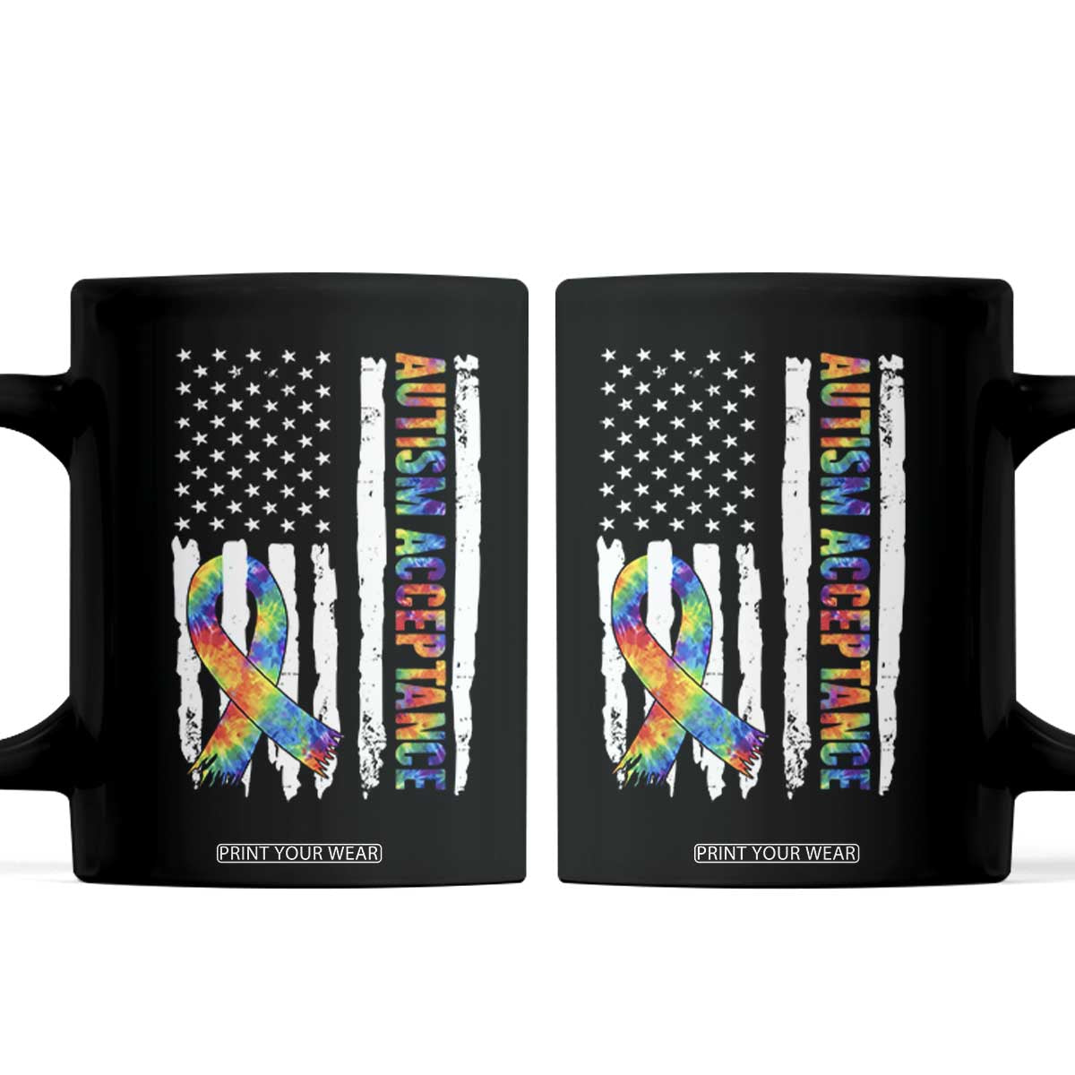 Autism Acceptance Coffee Mug US Flag Ribbon Support Neurodiversity TS14 Black Print Your Wear