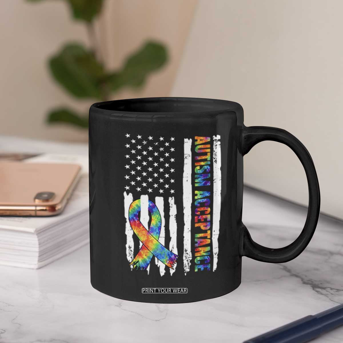 Autism Acceptance Coffee Mug US Flag Ribbon Support Neurodiversity TS14 Print Your Wear