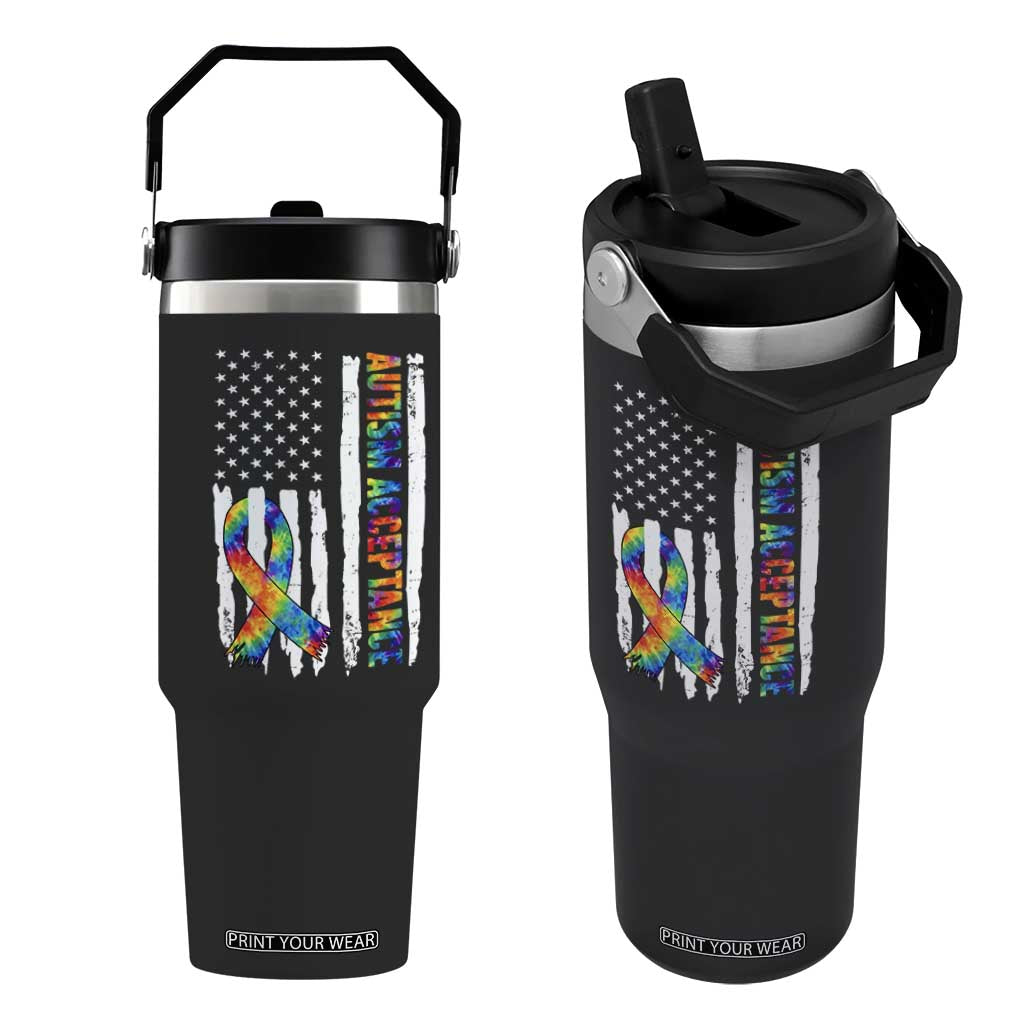 Autism Acceptance Flip Straw Tumbler US Flag Ribbon Support Neurodiversity TS14 One Size: 30 oz Black Print Your Wear