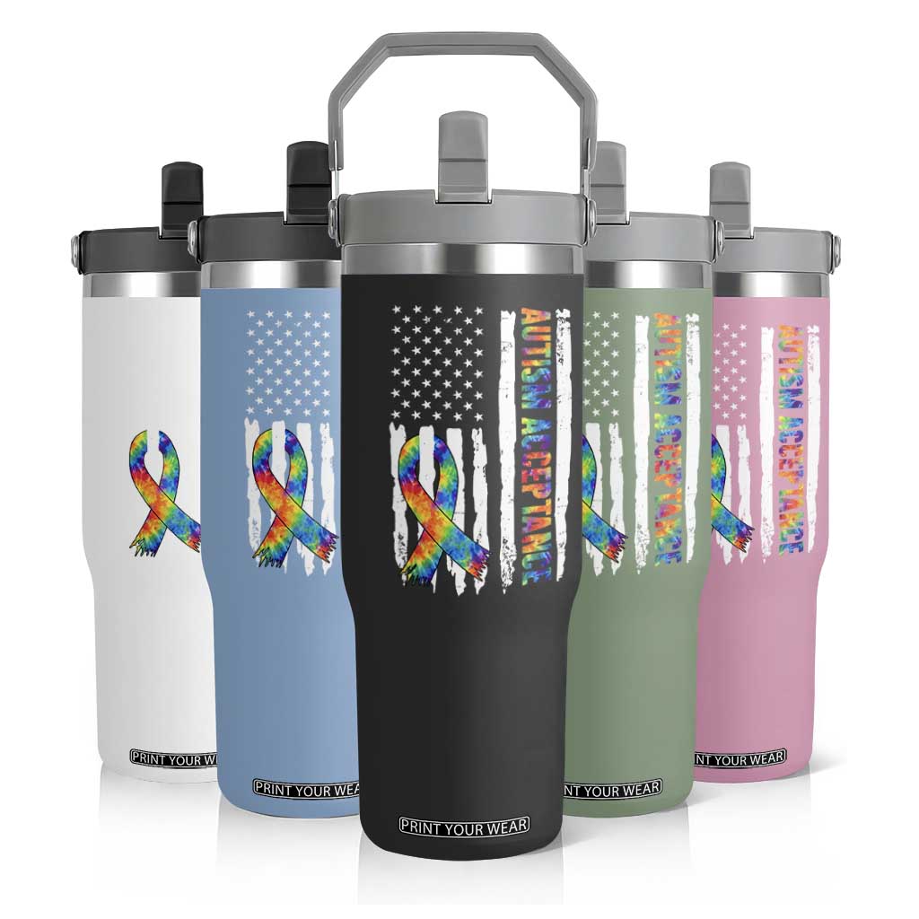 Autism Acceptance Flip Straw Tumbler US Flag Ribbon Support Neurodiversity TS14 Print Your Wear