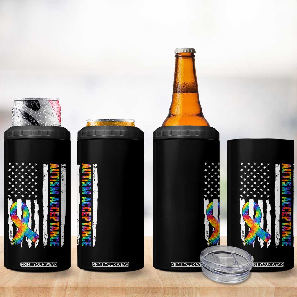 Autism Acceptance 4 in 1 Can Cooler Tumbler US Flag Ribbon Support Neurodiversity TS14 Print Your Wear