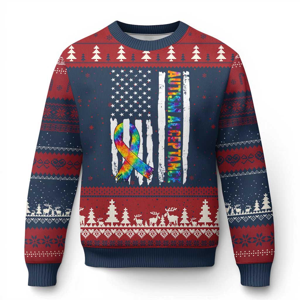 Autism Acceptance Ugly Christmas Sweater US Flag Ribbon Support Neurodiversity TS14 Navy Red Print Your Wear