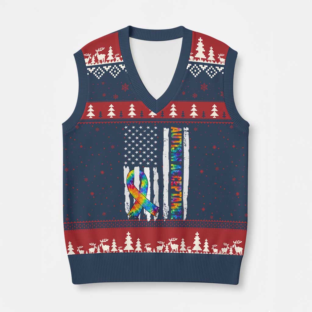 Autism Acceptance V-Neck Knit Sweater Vest US Flag Ribbon Support Neurodiversity TS14 Navy Red Print Your Wear