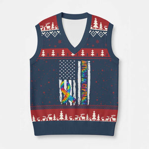 Autism Acceptance V-Neck Knit Sweater Vest US Flag Ribbon Support Neurodiversity TS14 Navy Red Print Your Wear