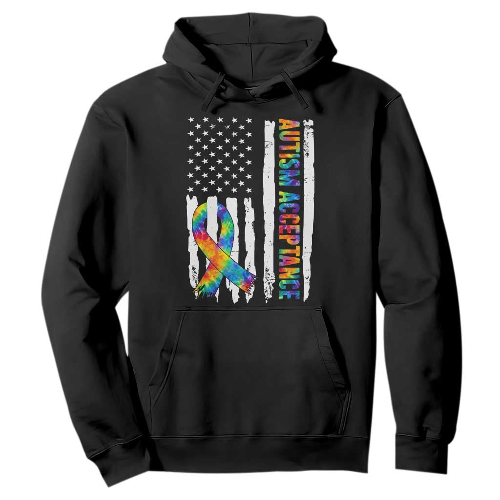 Autism Acceptance Hoodie US Flag Ribbon Support Neurodiversity TS14 Black Print Your Wear