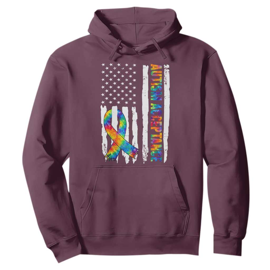 Autism Acceptance Hoodie US Flag Ribbon Support Neurodiversity TS14 Maroon Print Your Wear