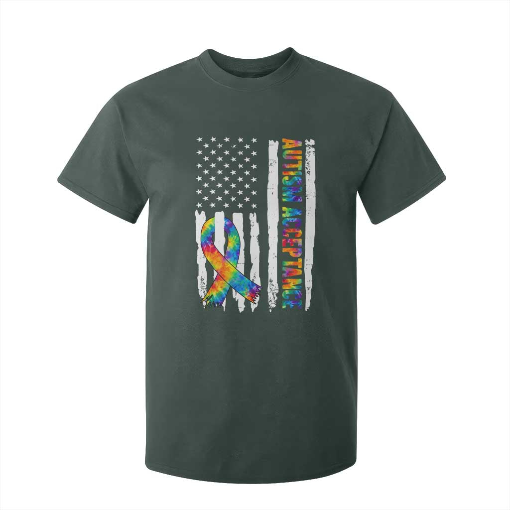 Autism Acceptance T Shirt For Kid US Flag Ribbon Support Neurodiversity TS14 Dark Forest Green Print Your Wear