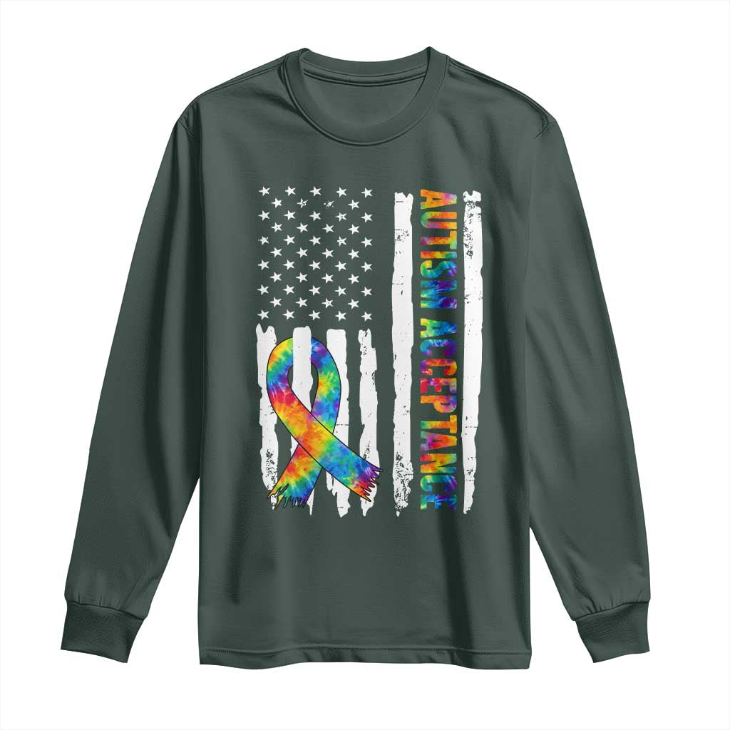 Autism Acceptance Long Sleeve Shirt US Flag Ribbon Support Neurodiversity TS14 Dark Forest Green Print Your Wear