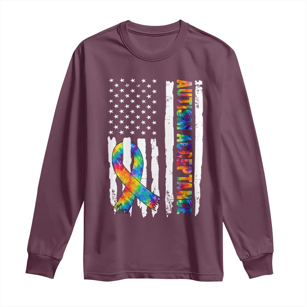 Autism Acceptance Long Sleeve Shirt US Flag Ribbon Support Neurodiversity TS14 Maroon Print Your Wear