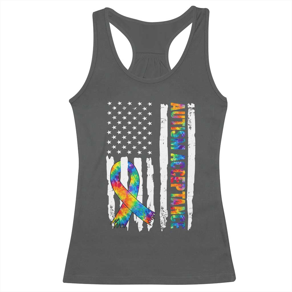 Autism Acceptance Racerback Tank Top US Flag Ribbon Support Neurodiversity TS14 Dark Heather Print Your Wear