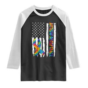 Autism Acceptance Raglan Shirt US Flag Ribbon Support Neurodiversity TS14 Black White Print Your Wear