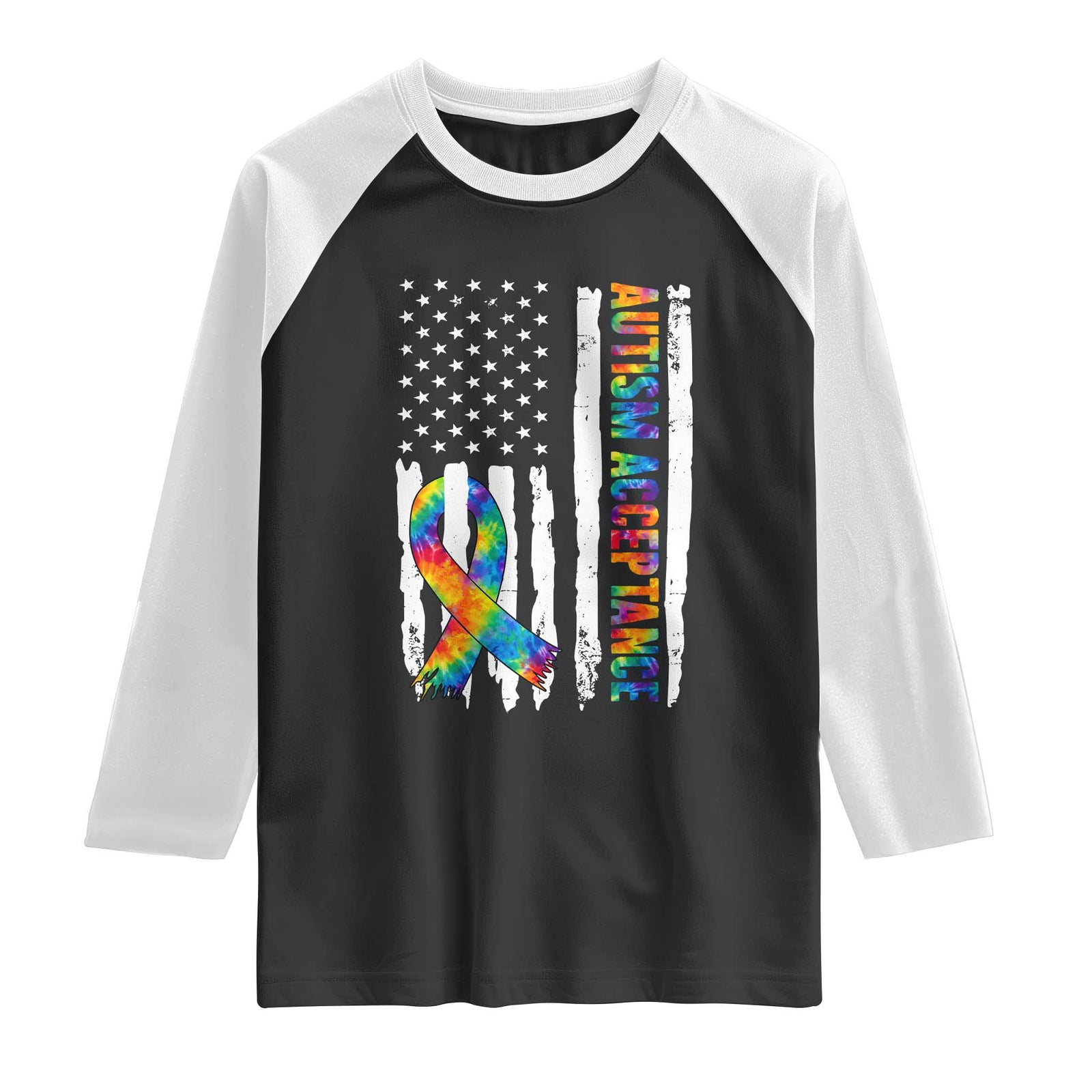 Autism Acceptance Raglan Shirt US Flag Ribbon Support Neurodiversity TS14 Black White Print Your Wear