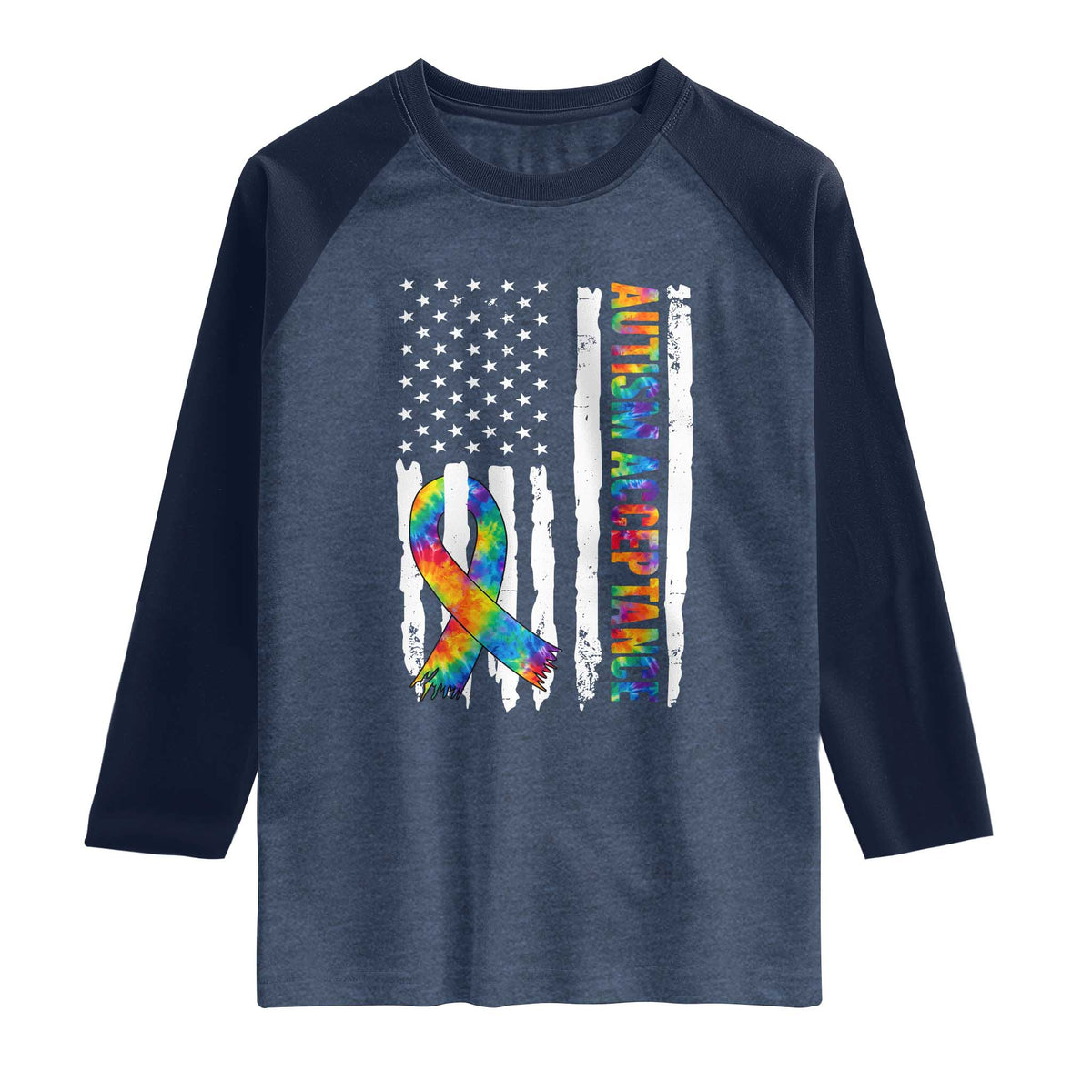 Autism Acceptance Raglan Shirt US Flag Ribbon Support Neurodiversity TS14 Heather Denim Navy Print Your Wear