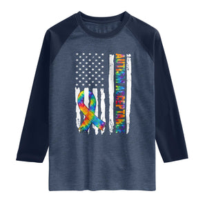 Autism Acceptance Raglan Shirt US Flag Ribbon Support Neurodiversity TS14 Heather Denim Navy Print Your Wear