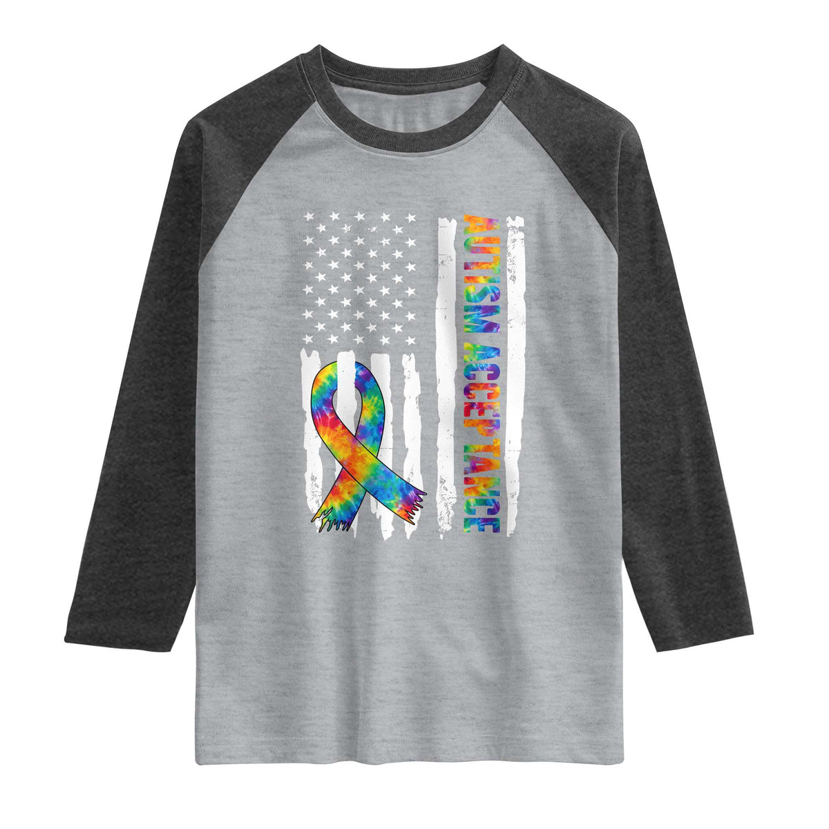 Autism Acceptance Raglan Shirt US Flag Ribbon Support Neurodiversity TS14 Heather Gray Heather Charcoal Print Your Wear