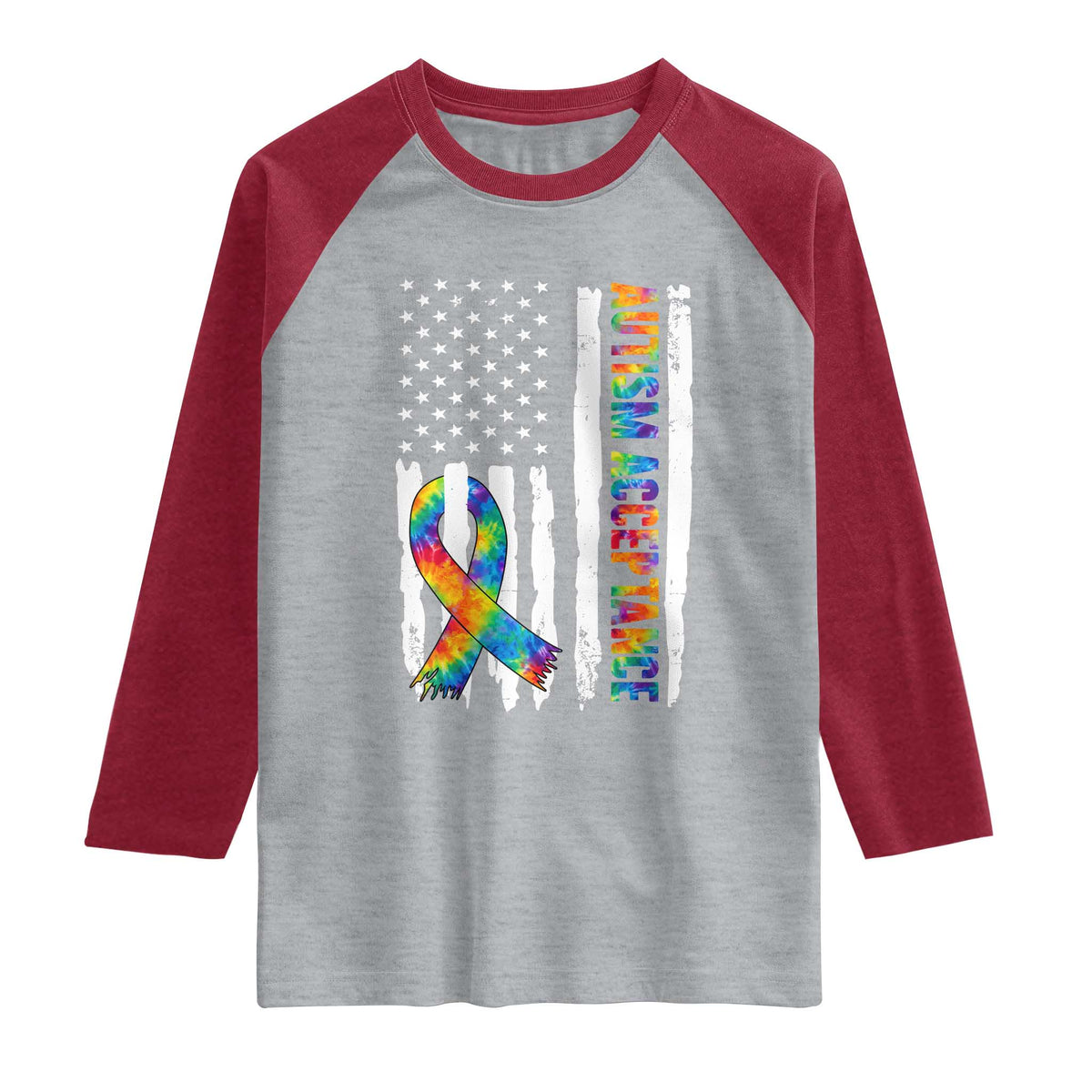 Autism Acceptance Raglan Shirt US Flag Ribbon Support Neurodiversity TS14 Heather Gray Heather Red Print Your Wear