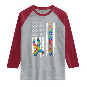 Autism Acceptance Raglan Shirt US Flag Ribbon Support Neurodiversity TS14 Heather Gray Heather Red Print Your Wear