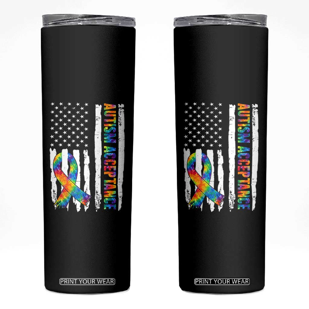 Autism Acceptance Skinny Tumbler US Flag Ribbon Support Neurodiversity TS14 Black Print Your Wear