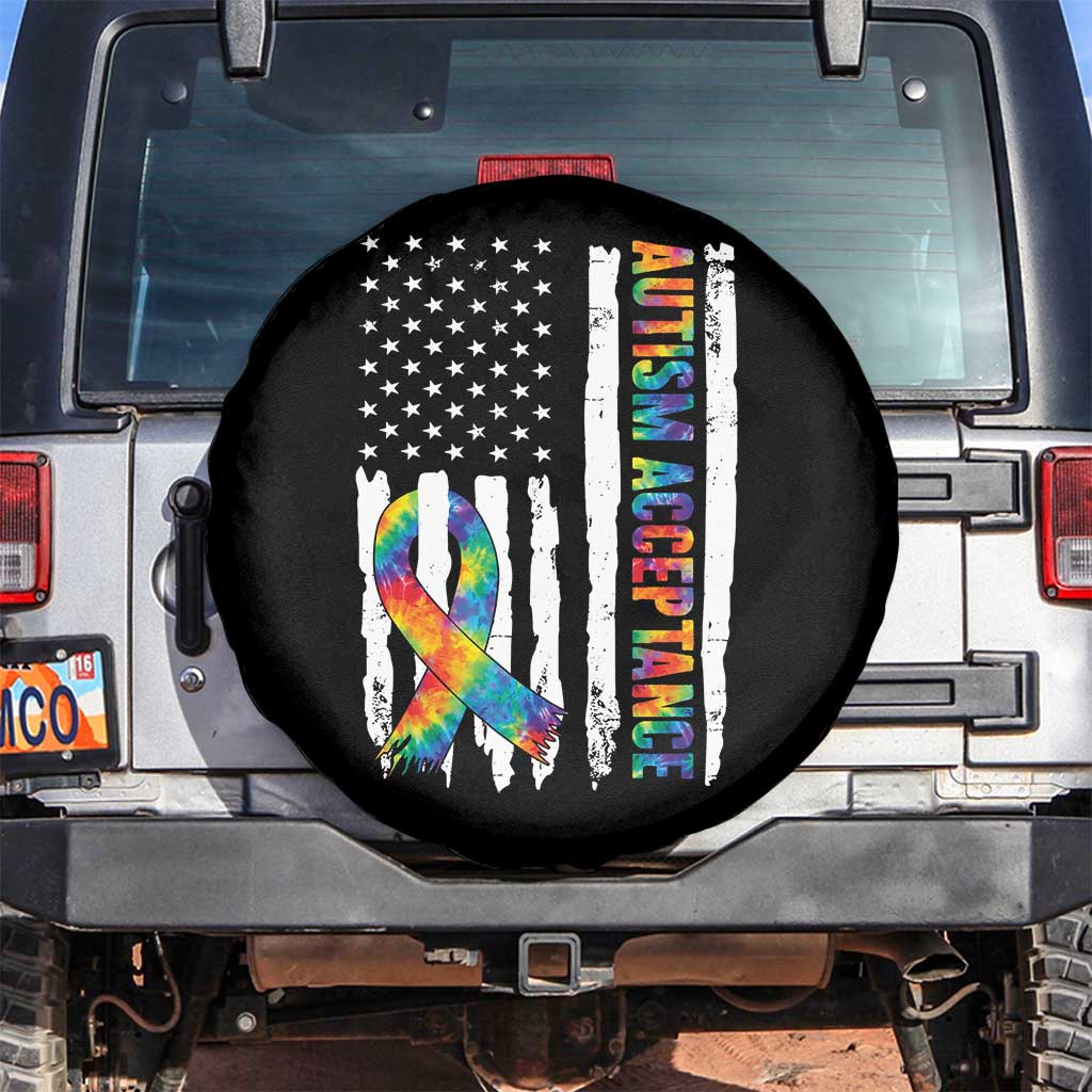 Autism Acceptance Spare Tire Cover US Flag Ribbon Support Neurodiversity TS14 No hole Black Print Your Wear