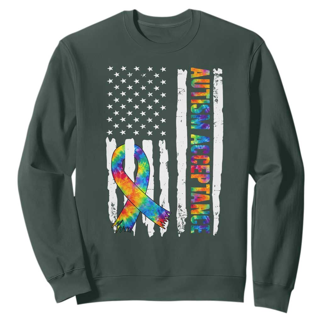 Autism Acceptance Sweatshirt US Flag Ribbon Support Neurodiversity TS14 Dark Forest Green Print Your Wear