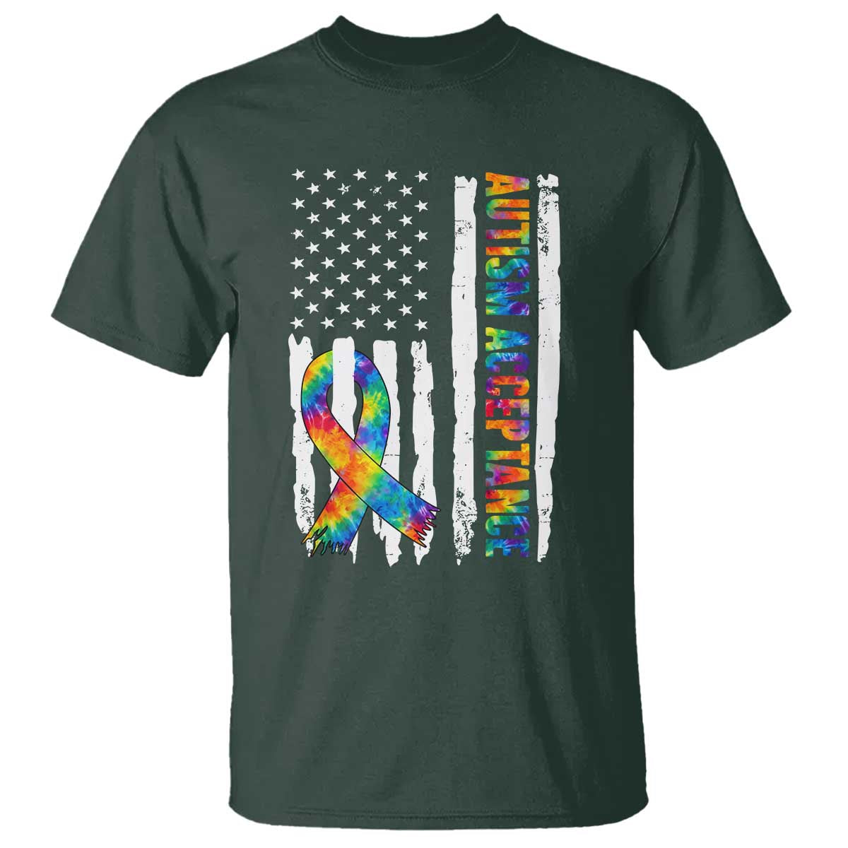 Autism Acceptance T Shirt US Flag Ribbon Support Neurodiversity TS14 Dark Forest Green Print Your Wear