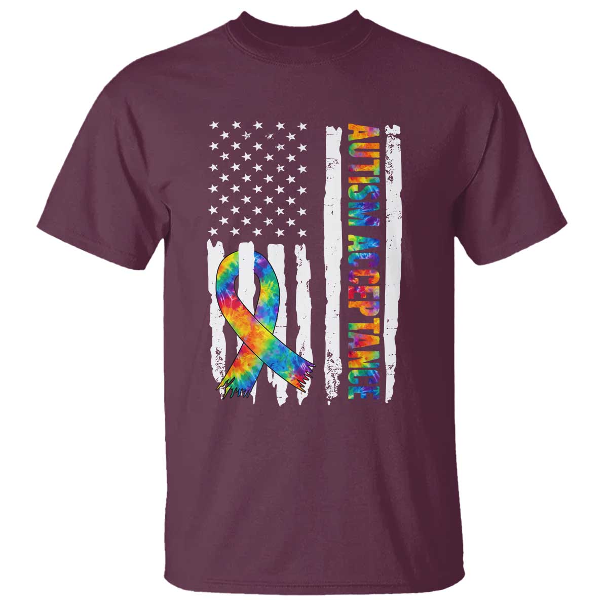 Autism Acceptance T Shirt US Flag Ribbon Support Neurodiversity TS14 Maroon Print Your Wear