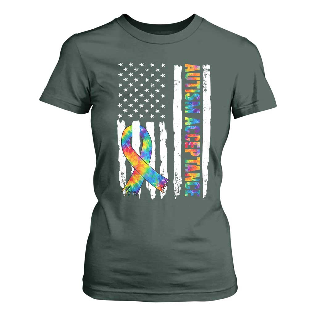 Autism Acceptance T Shirt For Women US Flag Ribbon Support Neurodiversity TS14 Dark Forest Green Print Your Wear