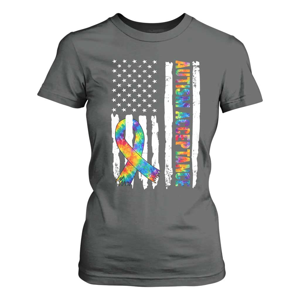 Autism Acceptance T Shirt For Women US Flag Ribbon Support Neurodiversity TS14 Dark Heather Print Your Wear