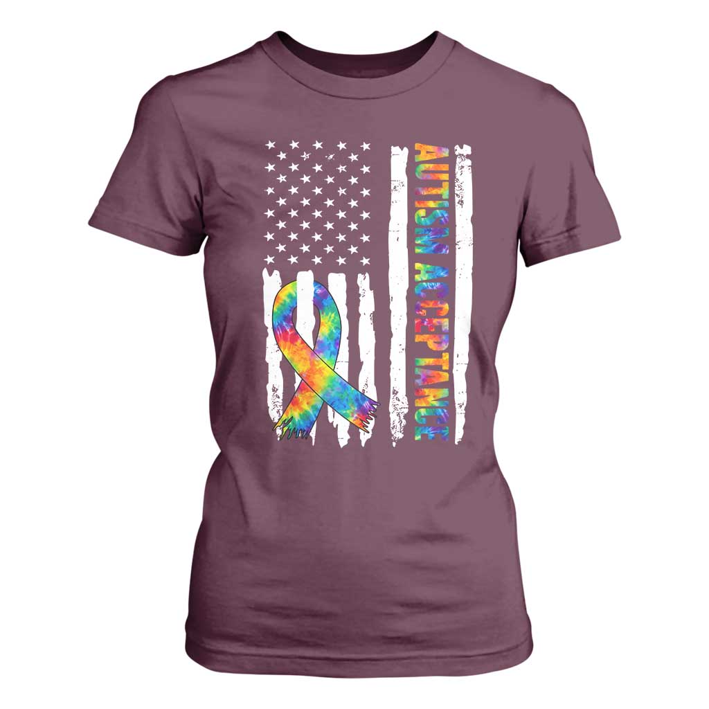 Autism Acceptance T Shirt For Women US Flag Ribbon Support Neurodiversity TS14 Maroon Print Your Wear
